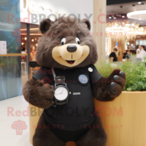 Black Beaver mascot costume character dressed with a Pencil Skirt and Smartwatches