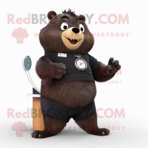 Black Beaver mascot costume character dressed with a Pencil Skirt and Smartwatches