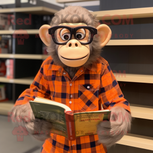 Orange Chimpanzee mascot costume character dressed with a Flannel Shirt and Reading glasses