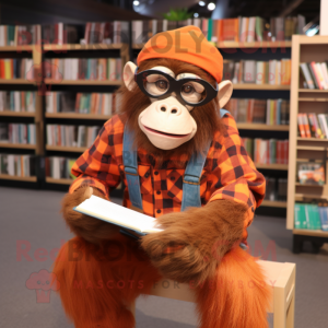 Orange Chimpanzee mascot costume character dressed with a Flannel Shirt and Reading glasses