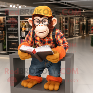 Orange Chimpanzee mascot costume character dressed with a Flannel Shirt and Reading glasses