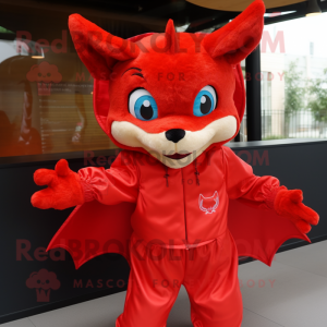 Red Bat mascot costume character dressed with a Windbreaker and Hairpins