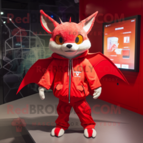 Red Bat mascot costume character dressed with a Windbreaker and Hairpins