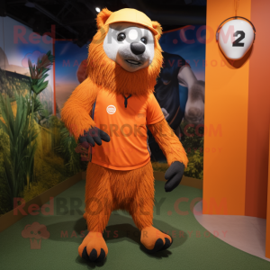 Orange Sloth Bear mascot costume character dressed with a Running Shorts and Berets