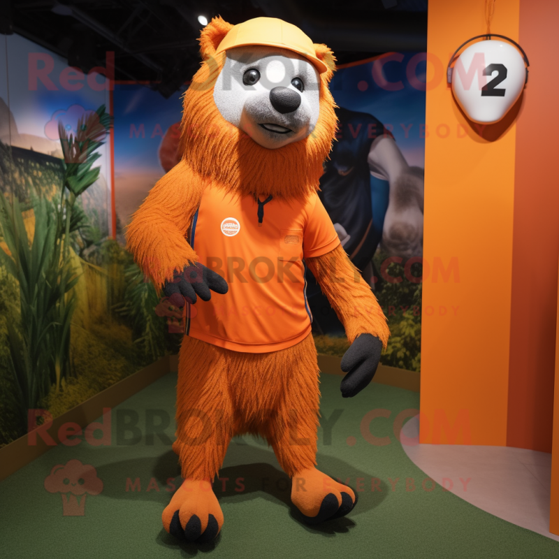 Orange Sloth Bear mascot costume character dressed with a Running Shorts and Berets