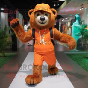 Orange Sloth Bear mascot costume character dressed with a Running Shorts and Berets