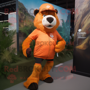 Orange Sloth Bear mascot costume character dressed with a Running Shorts and Berets