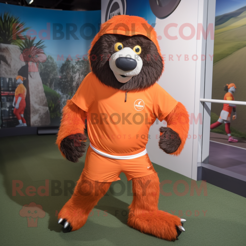 Orange Sloth Bear mascot costume character dressed with a Running Shorts and Berets Orange Sloth Bear mascot costume character dressed with a Running Shorts and Berets