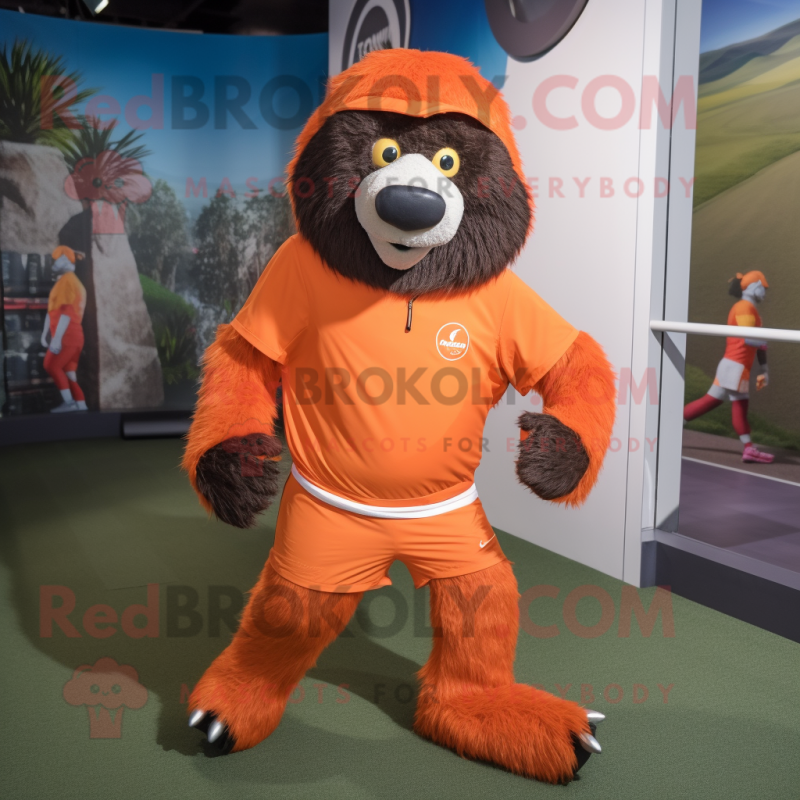 Orange Sloth Bear mascot costume character dressed with a Running Shorts and Berets