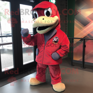 Red Python mascot costume character dressed with a Bomber Jacket and Wraps