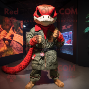 Red Python mascot costume character dressed with a Bomber Jacket and Wraps