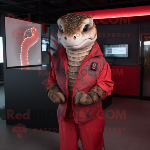 Red Python mascot costume character dressed with a Bomber Jacket and Wraps