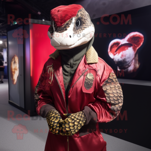 Red Python mascot costume character dressed with a Bomber Jacket and Wraps