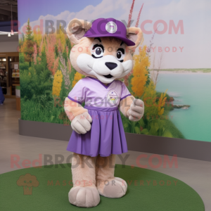 Lavender Mountain Lion mascot costume character dressed with a Mini Skirt and Hat pins