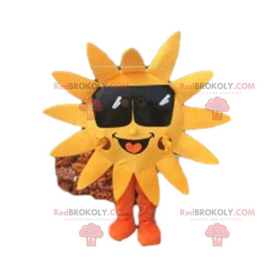 Mascote do sol com óculos escuros, fantasia de sol -
