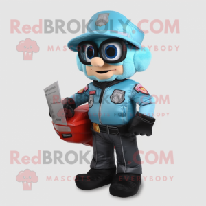 Cyan Fire Fighter mascot costume character dressed with a Biker Jacket and Reading glasses