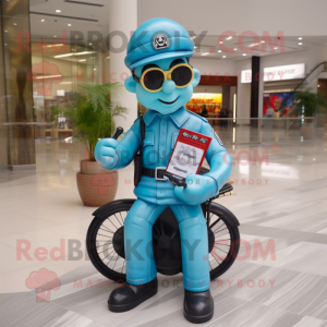 Cyan Fire Fighter mascot costume character dressed with a Biker Jacket and Reading glasses