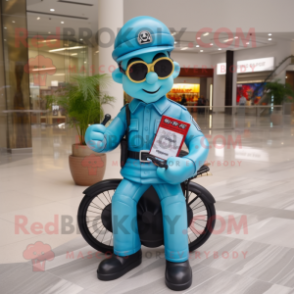 Cyan Fire Fighter mascot costume character dressed with a Biker Jacket and Reading glasses
