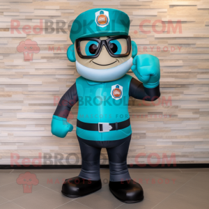 Cyan Fire Fighter mascot costume character dressed with a Biker Jacket and Reading glasses