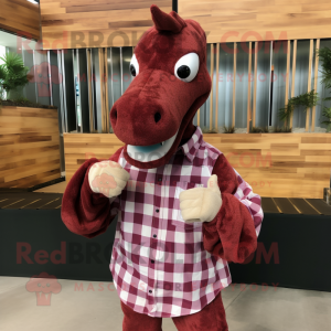 Maroon Sea Horse mascot costume character dressed with a Flannel Shirt and Bracelet watches