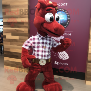 Maroon Sea Horse mascot costume character dressed with a Flannel Shirt and Bracelet watches