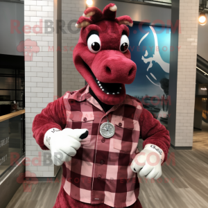 Maroon Sea Horse mascot costume character dressed with a Flannel Shirt and Bracelet watches