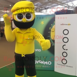 Yellow Para Commando mascot costume character dressed with a Polo Shirt and Bracelet watches