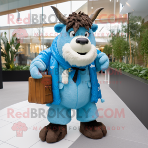 Sky Blue Yak mascot costume character dressed with a Jacket and Wallets