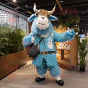 Sky Blue Yak mascot costume character dressed with a Jacket and Wallets