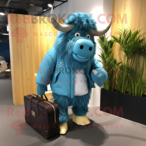 Sky Blue Yak mascot costume character dressed with a Jacket and Wallets