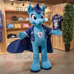 Blue Mare mascot costume character dressed with a V-Neck Tee and Handbags