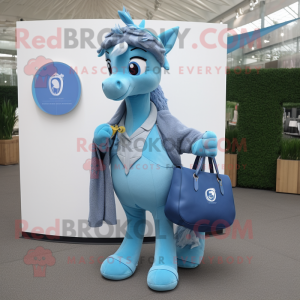 Blue Mare mascot costume character dressed with a V-Neck Tee and Handbags