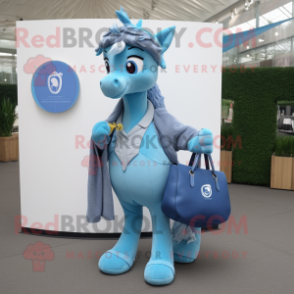 Blue Mare mascot costume character dressed with a V-Neck Tee and Handbags