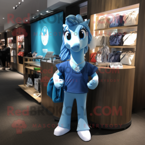 Blue Mare mascot costume character dressed with a V-Neck Tee and Handbags