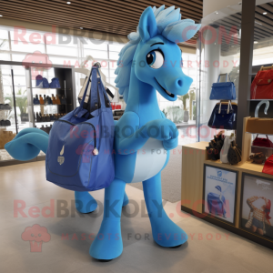 Blue Mare mascot costume character dressed with a V-Neck Tee and Handbags