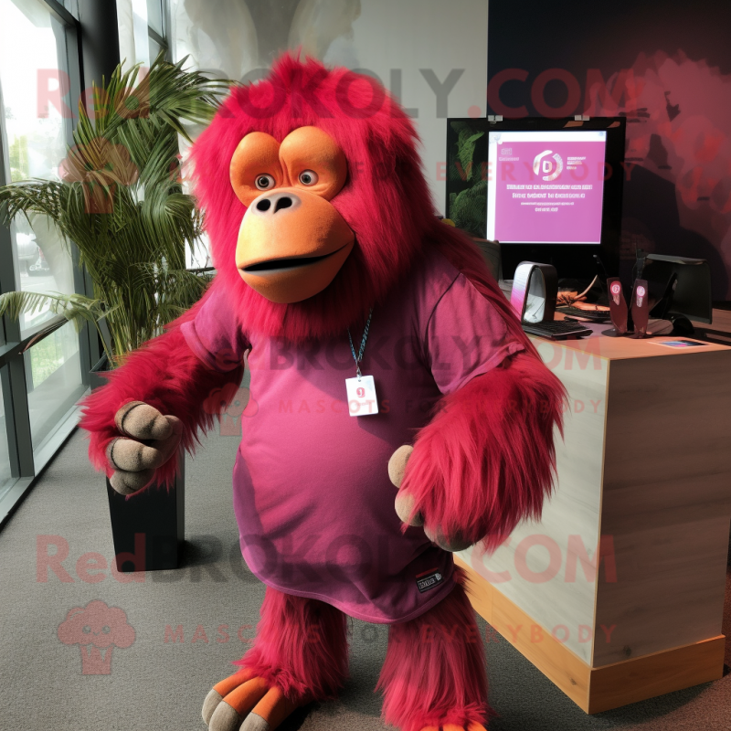 Magenta Orangutan mascot costume character dressed with a Polo Tee and Anklets Magenta Orangutan mascot costume character dressed with a Polo Tee and Anklets