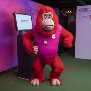 Magenta Orangutan mascot costume character dressed with a Polo Tee and Anklets