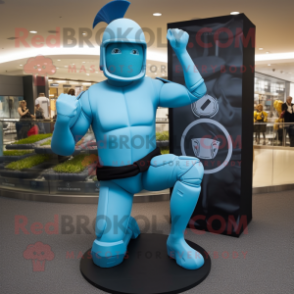 Cyan Spartan Soldier mascot costume character dressed with a Yoga Pants and Caps