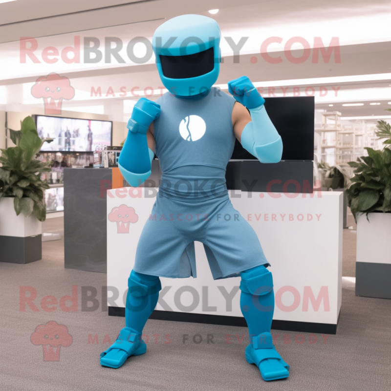 Cyan Spartan Soldier mascot costume character dressed with a Yoga Pants and Caps