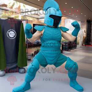 Cyan Spartan Soldier mascot costume character dressed with a Yoga Pants and Caps