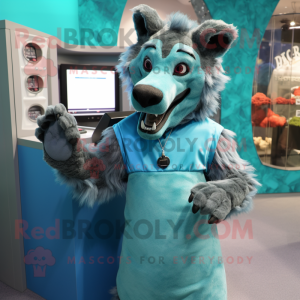 Cyan Hyena mascot costume character dressed with a Shift Dress and Cufflinks