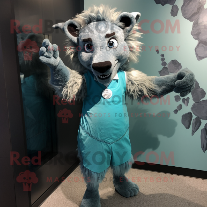 Cyan Hyena mascot costume character dressed with a Shift Dress and Cufflinks Cyan Hyena mascot costume character dressed with a Shift Dress and Cufflinks