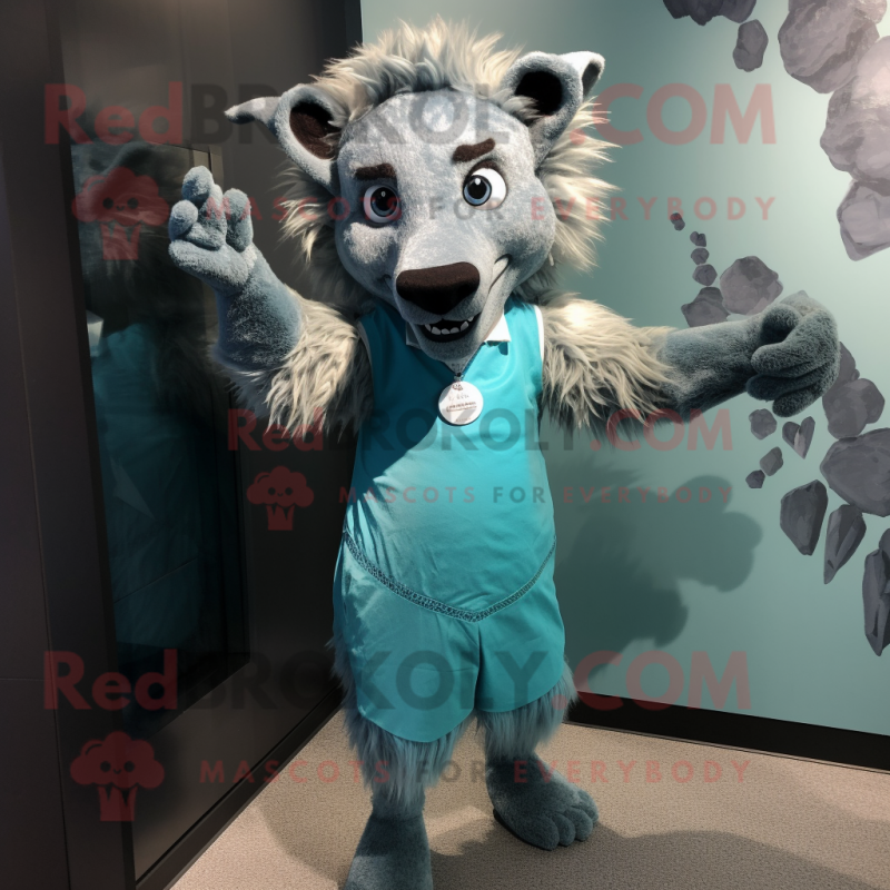 Cyan Hyena mascot costume character dressed with a Shift Dress and Cufflinks