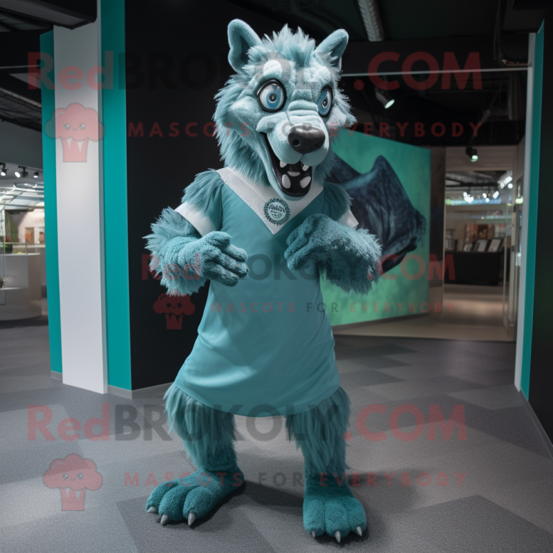 Cyan Hyena mascot costume character dressed with a Shift Dress and Cufflinks