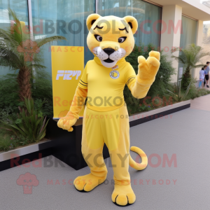Lemon Yellow Panther mascot costume character dressed with a Pencil Skirt and Foot pads