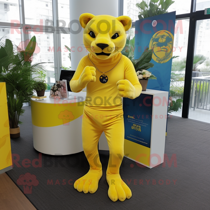 Lemon Yellow Panther mascot costume character dressed with a Pencil Skirt and Foot pads