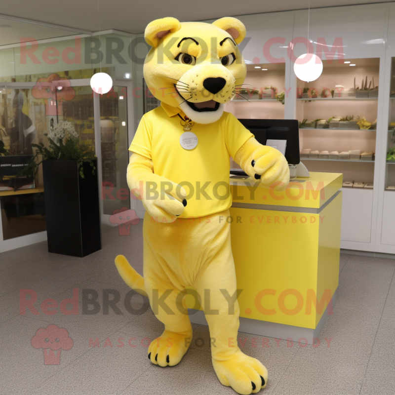 Lemon Yellow Panther mascot costume character dressed with a Pencil Skirt and Foot pads