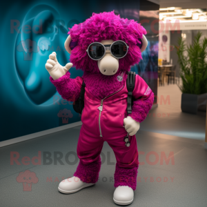 Magenta Ram mascot costume character dressed with a Jeggings and Sunglasses