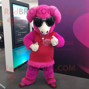 Magenta Ram mascot costume character dressed with a Jeggings and Sunglasses