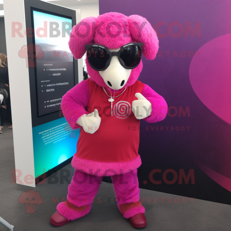 Magenta Ram mascot costume character dressed with a Jeggings and Sunglasses Magenta Ram mascot costume character dressed with a Jeggings and Sunglasses